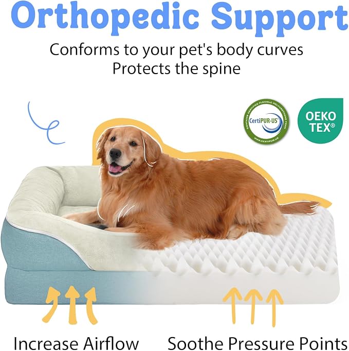 Chez Paw XXL Orthopedic Dog Bed for Extra Large Dogs, Extra Thick Egg-Crate Foam Waterproof Pet Couch with Removable Washable Cover, 4-Sided Bolster & Non-Slip Bottom, Blue 45"x35"x7.5"