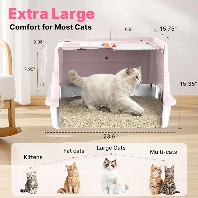 Stainless Steel Litter Box with Flip Lid, XL Extra Large Cat Litter Box with High Sided Top Entry Design, Anti-Leakage Enclosed Metal Litterbox for Big Cats, with Handle, Mat, Pedal & Scoop, Pink