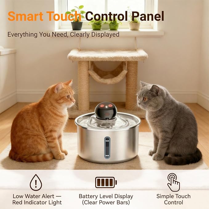 Cordless Cat Water Fountain 3L / 101oz, Stainless Steel Battery Operated Pet Fountain with 5000mAh Battery, Ultra Quiet, 3 Modes, 4 Filters, Helps Reduce Refills & Encourage Drinking
