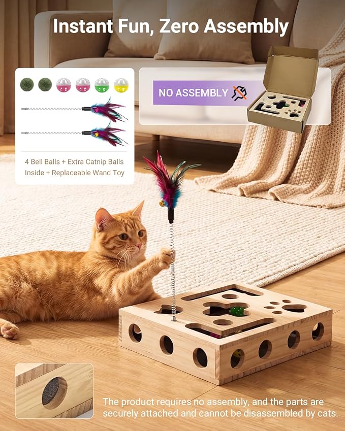 Cat Toys for Indoor Cats - Cat Nail File Box with Interactive Cat Toys, 2026 Upgraded Cat Puzzle Feeder Scratch Puzzle Toy for Indoor Cats, Natural Claw Care (Natural Wood)