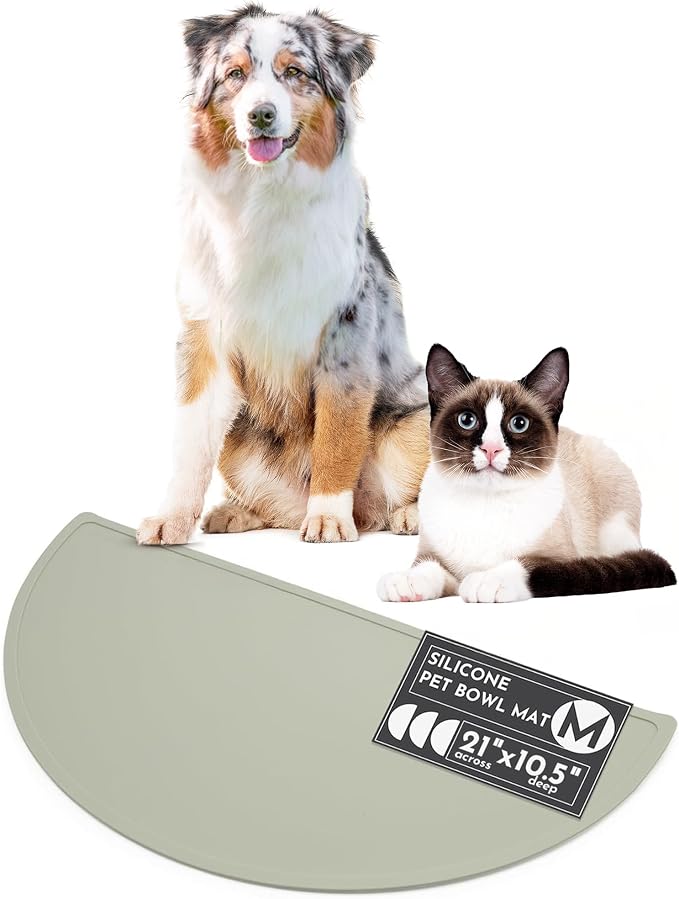Should We Go? Waterproof Silicone Dog Food Mat – Medium Size Non-Slip Pet Bowl Mat, Raised Edge Design, Easy-to-Clean Pet Food Placemat for Dog & Cat Bowls, 21" Across x 10.5" Deep - Sage Green