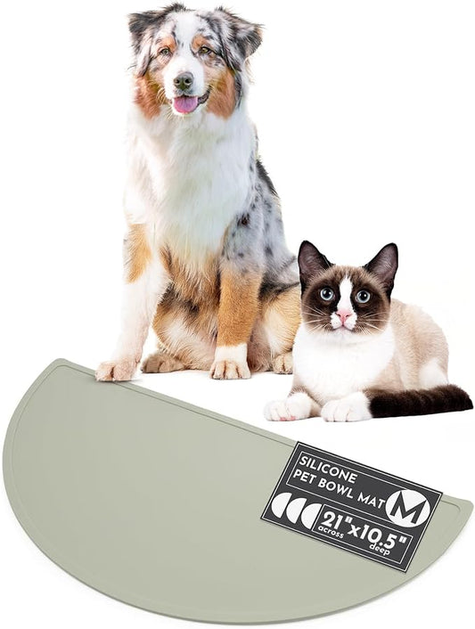 Should We Go? Waterproof Silicone Dog Food Mat – Medium Size Non-Slip Pet Bowl Mat, Raised Edge Design, Easy-to-Clean Pet Food Placemat for Dog & Cat Bowls, 21" Across x 10.5" Deep - Sage Green