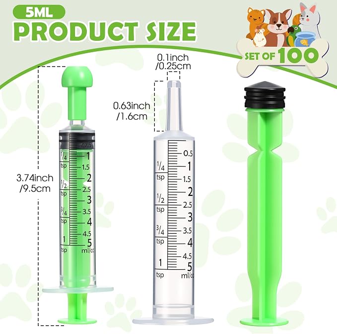 TrelaCo 100 Pack 5ml Syringes with Caps, Colored Plastic Measuring Syringe for Liquid, Pet Feeding, DIY, Party, Craft, Individually Sealed and Wrapped(Green)
