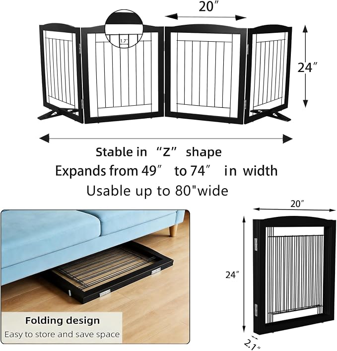 ZJSF Freestanding Dog Fence Indoor, Foldable Dog Gate for Doorways, Stairs or Hallways, Sturdy Wood Extra Wide Pet Gate with Support Feet for The House, Black, 24 "Height-4 Panels
