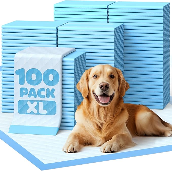 Powools Puppy Pads - 100 Packs, 34"×28" Ultra-Large Puppy Pads, Tear-ResistantPee Pads for Dogs, 6-Layer Ultra-Absorbent & Quick-Dry Blue Training Pads