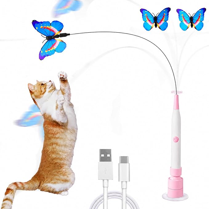 Electric Butterfly Cat Wand for Indoor Cats, 360 Spinning Self-Play with 2 Modes & Tap-to-Awake, Rechargeable Cleanable Suction Base, 3 Butterfly Refills, Interactive Cat Toy (A-Pink)