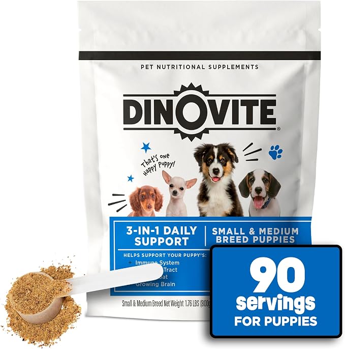 Dinovite Probiotic Food Topper for Puppies, Digestive Health & Skin Support Formula with Omega-3s, Daily Puppy Wellness Supplement, 90 Servings