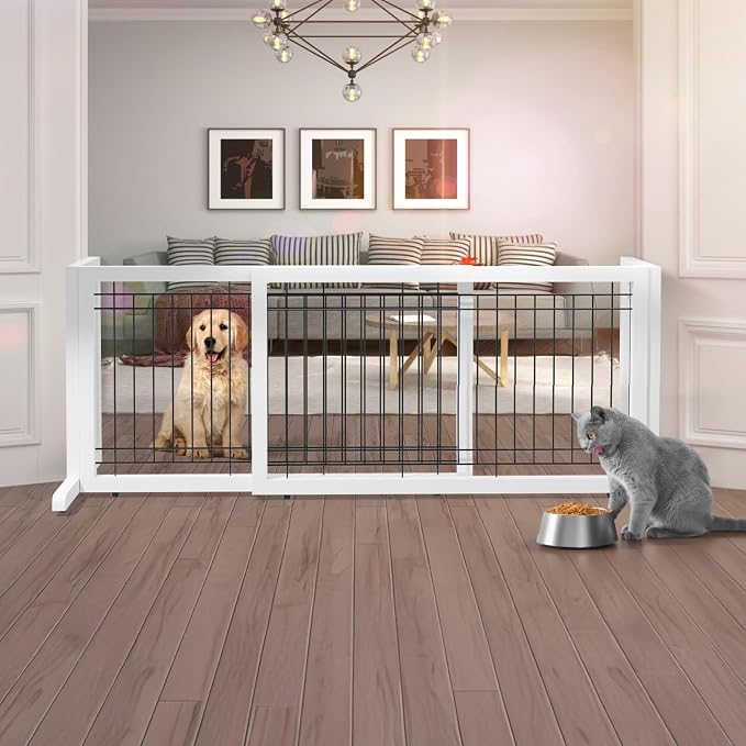Bonnlo Free Standing Dog Gate, 37" - 68" Wide Pet Gate for Fireplace Stairs Doorways, Wooden Adjustable Pet Fence Indoor, Christmas Tree Gate (White)