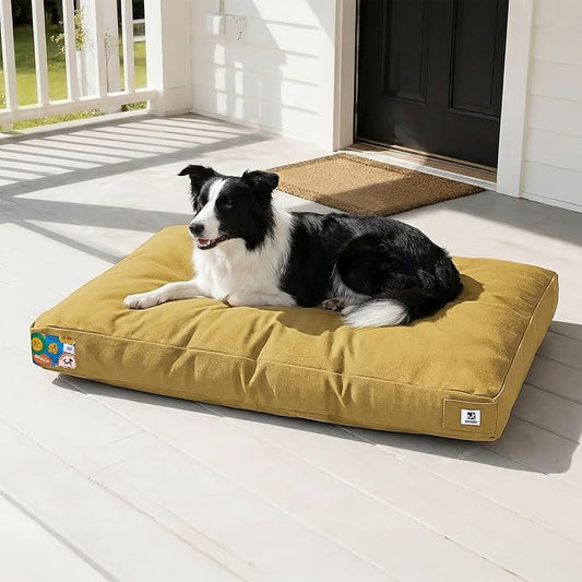 Sytopia 36 Inch Canvas Outdoor Dog Bed for Large Dogs, Durable Dog Bed with Waterproof Machine Washable Removable Cover, Indoor Patio Pet Pad for Crate, Green, Yellow