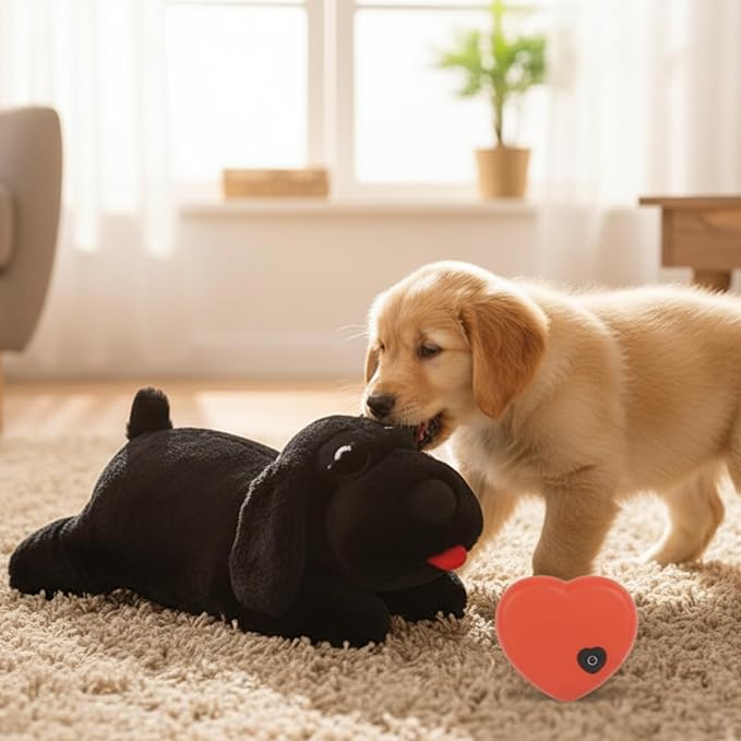 3T GROUP Dog Heartbeat Toy for Puppy Stuffed Animal with Heartbeat Toy Sleep Aid Essentials Anxiety Relief Behavioral Training Plush Pillow Black (Black)