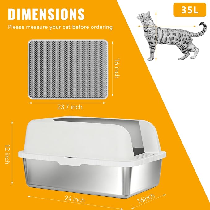 Stainless Steel Cat Litter Box with Lid, 24" L x 16" W x 12" H, Extra Large Enclosed Litter Box for Cats, High Sided Anti Leakage, Non-Stick, Includes Stainless Steel Scoop & Cat Mat