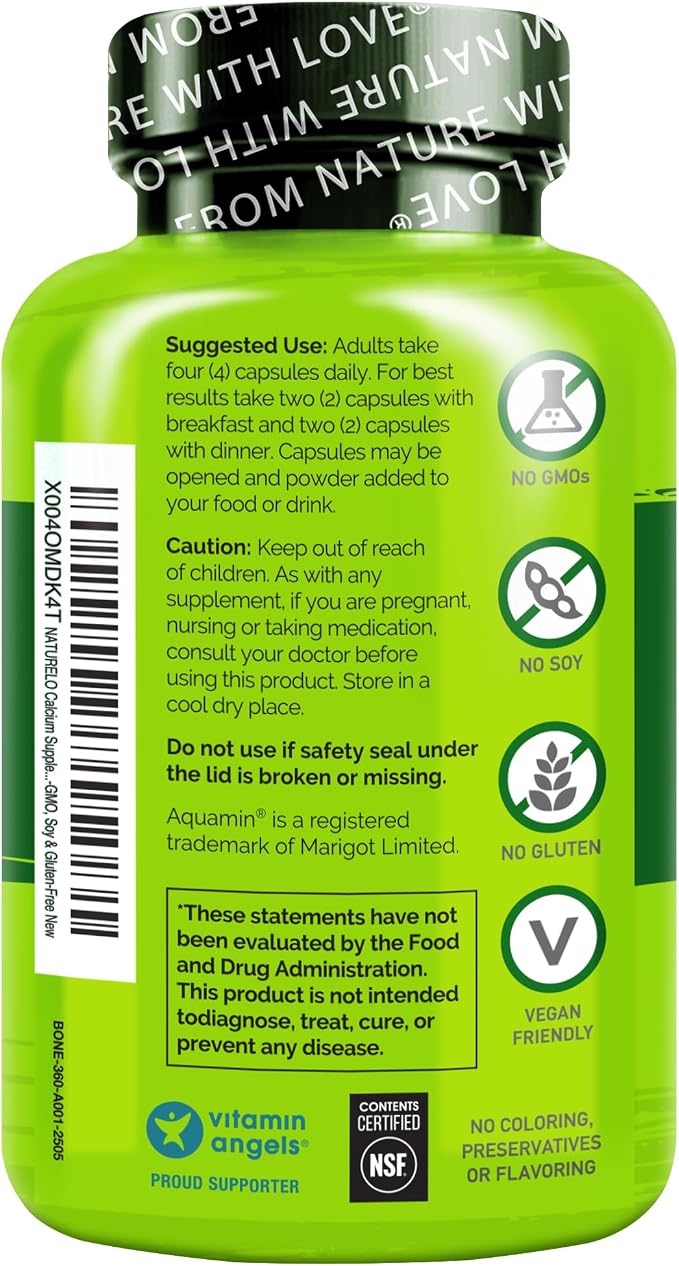 NATURELO Calcium Supplement - with Vitamin C, Vitamin D3, K2, and Calcium Magnesium Zinc for Bone Strength with Calcium 600mg - Plant-Based, 360 Vegetarian Capsules, Non-GMO, Soy & Gluten-Free