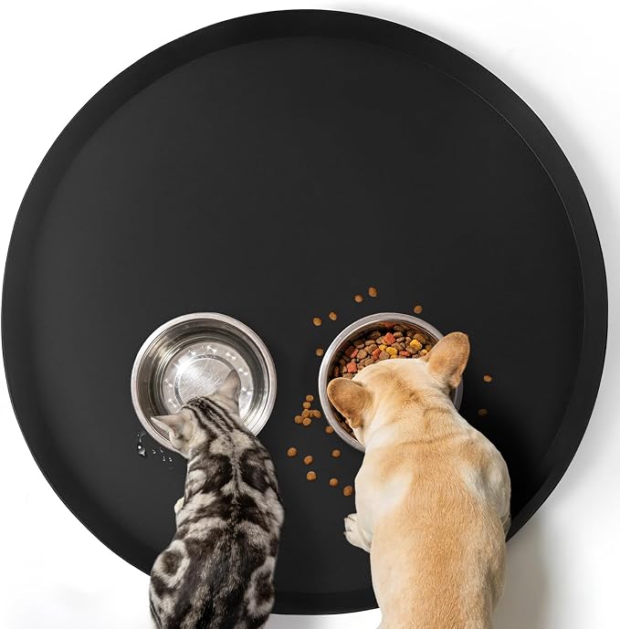 20" Silicone Pet Food Mat, Waterproof Feeding Mat for Dog & Cat Extra Large Dog Bowl Mats with Raised Edge, Non-Slip, Protects Floors, Easy to Clean (Black)