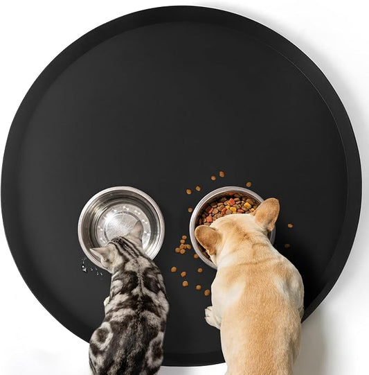 20" Silicone Pet Food Mat, Waterproof Feeding Mat for Dog & Cat Extra Large Dog Bowl Mats with Raised Edge, Non-Slip, Protects Floors, Easy to Clean (Black)