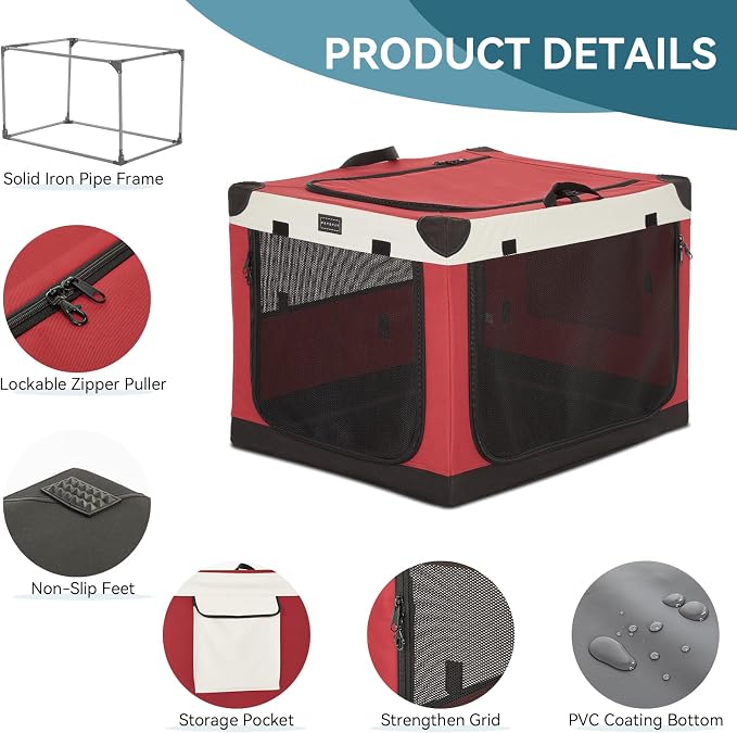 PETSFIT 30" Soft Portable Dog Crate – Patented Spiral Sturdy Frame, Collapsible Travel Kennel for Medium Dogs, 3 Mesh Door, Lockable Zippers, Indoor & Car Use Red