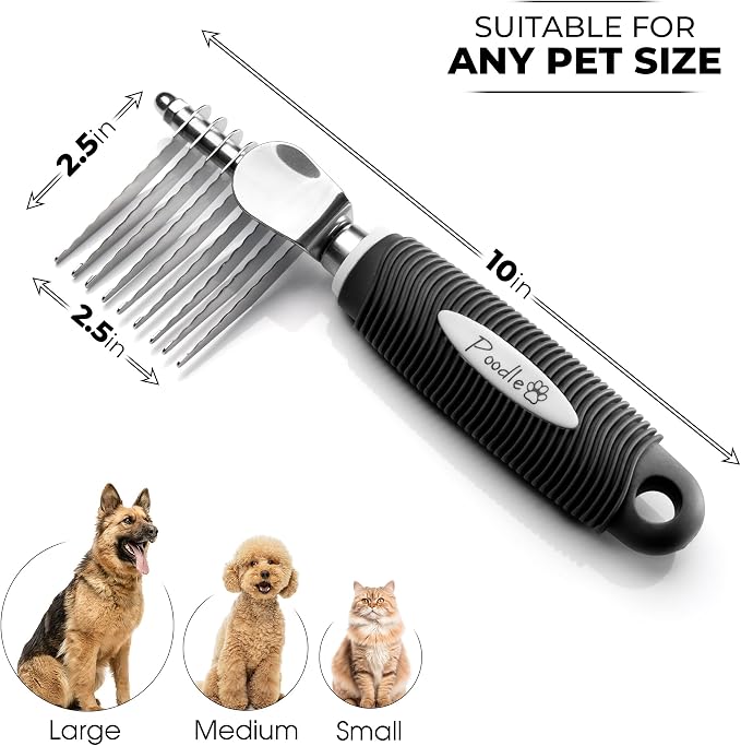 Poodle Pet Bundle - Dematting Fur Rake Comb Brush Tool with Steel Safety Blades and Detangling Pet Comb with Long and Short Stainless Steel Teeth for Detangling Matted or Knotted Undercoat Hair (Black