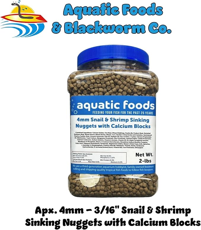 Calcium Blocks Included in Snail & Shrimp, 4mm-3/16 Sinking 40% Protein Nuggets for Snails, Shrimp, Crabs, All Bottom Tropical Fish...2-lbs Jar