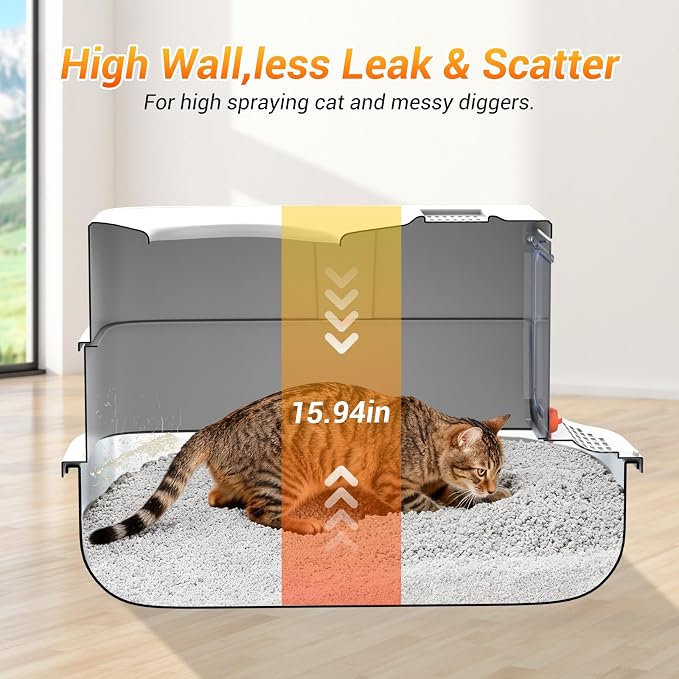 Stainless Steel Litter Box with Lid,Top Entry Litter Box, Extra Large Cat Litter Box,High Sided, Anti-Urine Leakage, Non-Stick Bottom Comes with Litter Mat & Metal Scoop,Grey