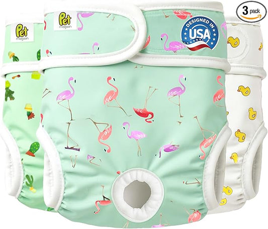 Pet Magasin® Super Absorbent Reusable Dog Diapers for Females (3-Pack) - Ideal Heat Solution, Washable Doggie Diapers for Female Dog - Perfect Doggie in Heat & Period (Trending, XS (10”-12” Waist))