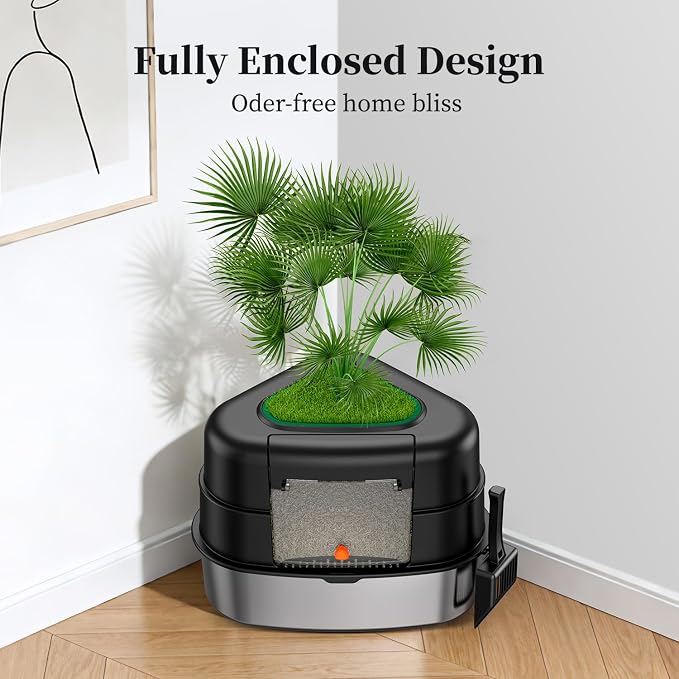 Chumajor XXL Stainless Steel Corner Cat Litter Box with Lid, Enclosed Hidden Plant Litter Box with Artificial Plant, Easy-Clean Covered Decorative Litter Box for Large Cats, Black
