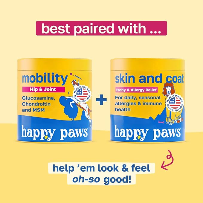 Happy Paws Hip and Joint Supplement for Dogs, Glucosamine Chondroitin for Dogs of All Breeds, Joint Support Soft Chews with Hyaluronic Acid & Turmeric, Vegan Bacon Flavor, Non GMO, 200 Soft Chews