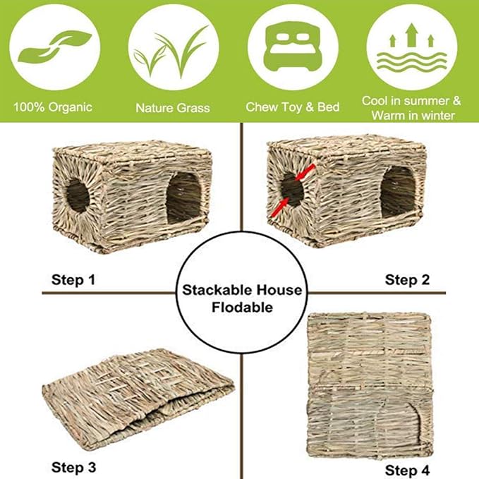 kathson 2 Pcs Rabbit Grass House Natural Foldable Hand Woven Seagrass Bed Carrot Hay Toy Hut Safe Comfortable Playhouse with 6 PCS Bunny Chew Toys for Bunny Hamster Guinea Pig Chinchilla Ferret