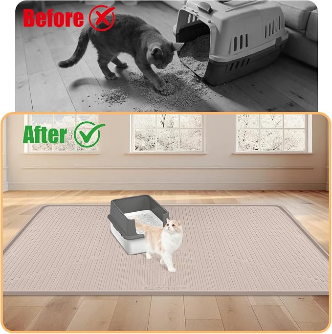 Silicone Cat Litter Mat, 45" x 30" Extra Large Litter Trapping Mat for Litter Box, Leak-Proof, Non-Slip, Kitty Litter Mats with Soft Texture for Floor, Keeping The Floor Clean (Khaki)