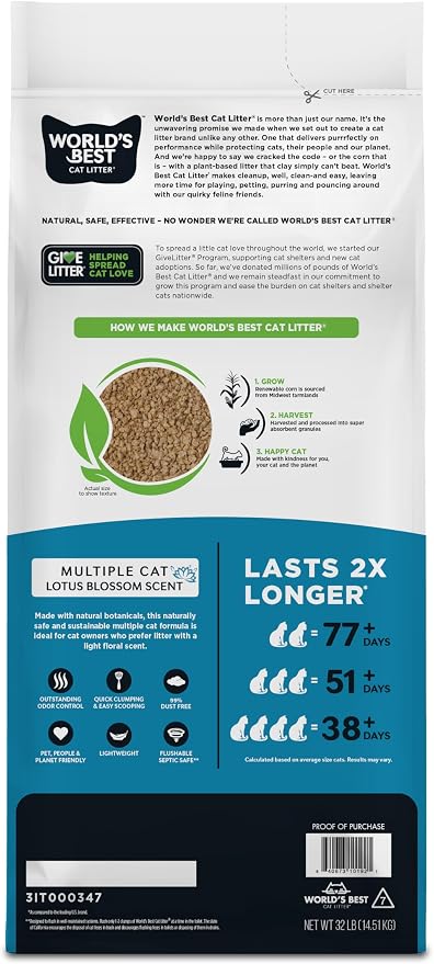 WORLD'S BEST CAT LITTER Multiple Cat Lotus Blossom Scented 32-Pounds - Natural Ingredients, Quick Clumping, Flushable, 99% Dust Free & Made in USA - Floral Fragrance & Long-Lasting Odor Control