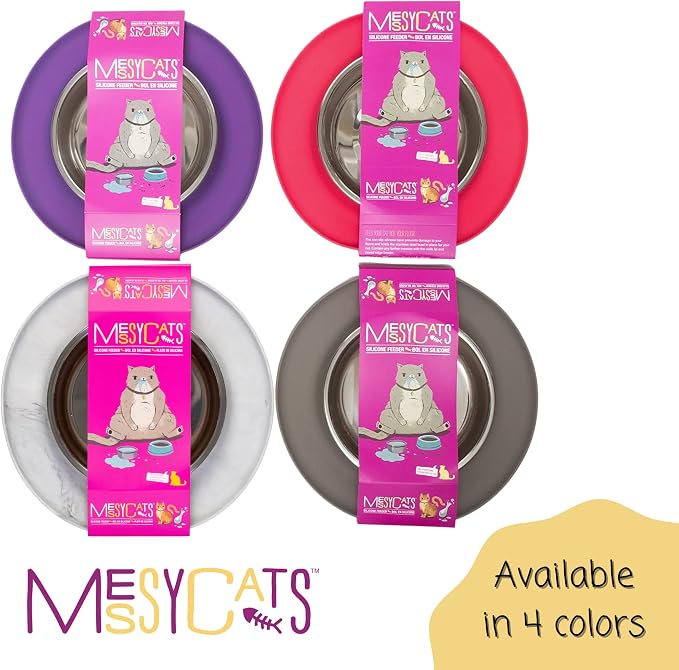 Messy Cats Single Silicone Feeder with Stainless Saucer Shaped Bowl | Anti-Slip Non-Skid Cat Food Bowl | One Cat Bowl in Feeding/Water Station | 1.75 Cups (Grey)