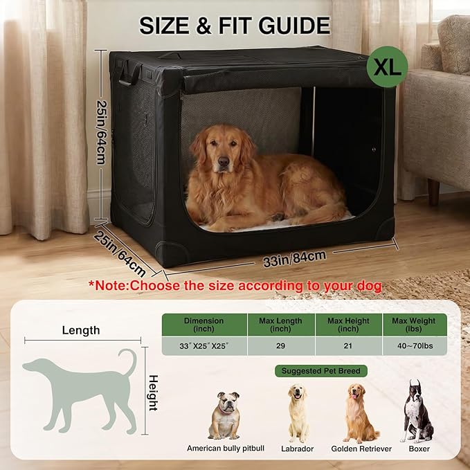 Veraste 33" L x 25" W x 25" H Collapsible Travel Dog Crate, Portable Soft Dog Kennel for Medium Large Dogs up to 60 lbs, 4-Door Foldable Travel Crate with Durable Mesh & Storage Bag, Black