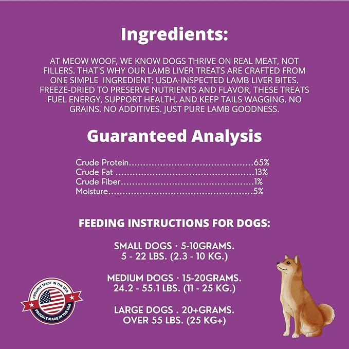 Meow Woof Freeze Dried Lamb Liver Dog Treats, Single Ingredient, High Protein Natural Dog Treats, Grain Free Training Treats for Dogs & Puppies, Freeze Dried Liver Treats for Dogs, 113g