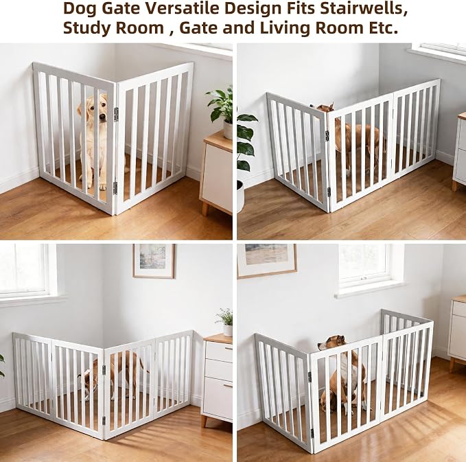 Dog Gate Indoor, Freestanding Dog Fence for The House, Doorways, Hallways,or Stairs,Pet Gate Foldable Wooden,Expandable 24" Height 2 Panels,White