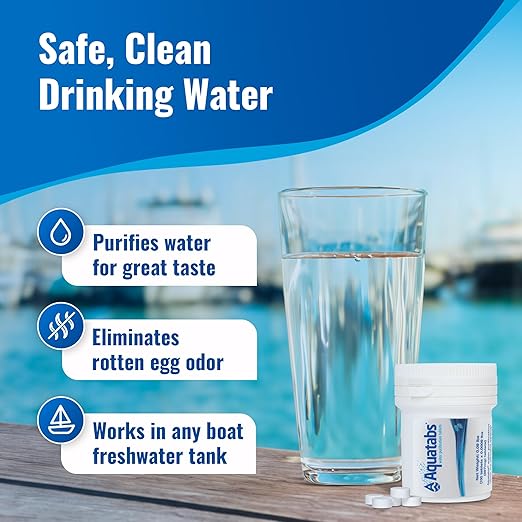 Drinking Water Essentials Kit - 100 Aquatabs Water Purification Tablets + 50 Chlorine Test Strips - for Boat and RV Tanks - By Aquamarine Water Solutions