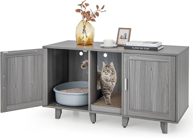 Tangkula Patented Double Cat Litter Box Enclosure for 2 Cats, Large Stackable Hidden Privacy Cat Washroom Cabinet with Scratching Board, Indoor Cat House TV Stand, Litter Box Furniture (Grey Oak)