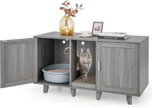 Tangkula Patented Double Cat Litter Box Enclosure for 2 Cats, Large Stackable Hidden Privacy Cat Washroom Cabinet with Scratching Board, Indoor Cat House TV Stand, Litter Box Furniture (Grey Oak)