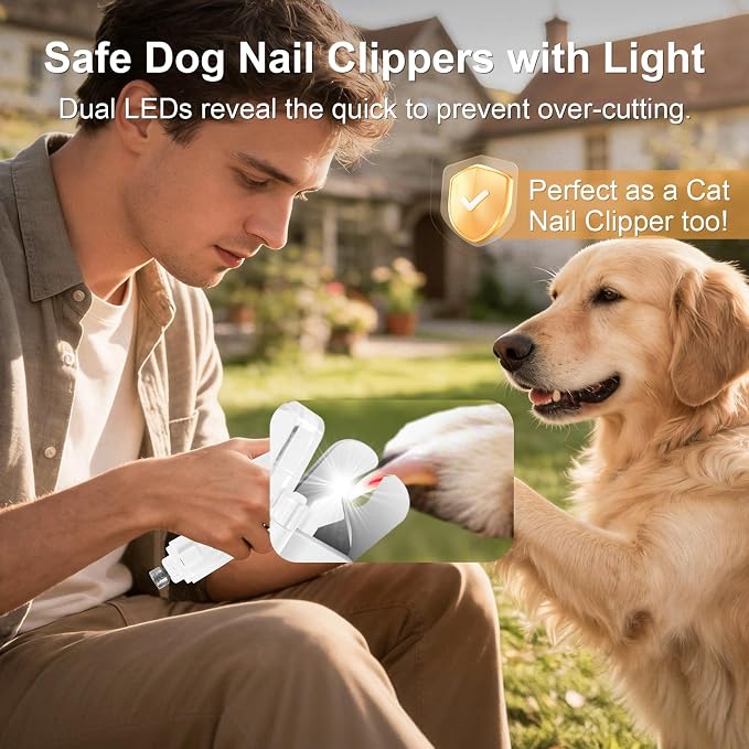 Dog Nail Clippers with Light, 2-in-1 Dog and Cat Nail Clipper with Grinder, Quiet Pet Nail Trimmer for Small Medium Large Dogs and Cats, USB Rechargeable