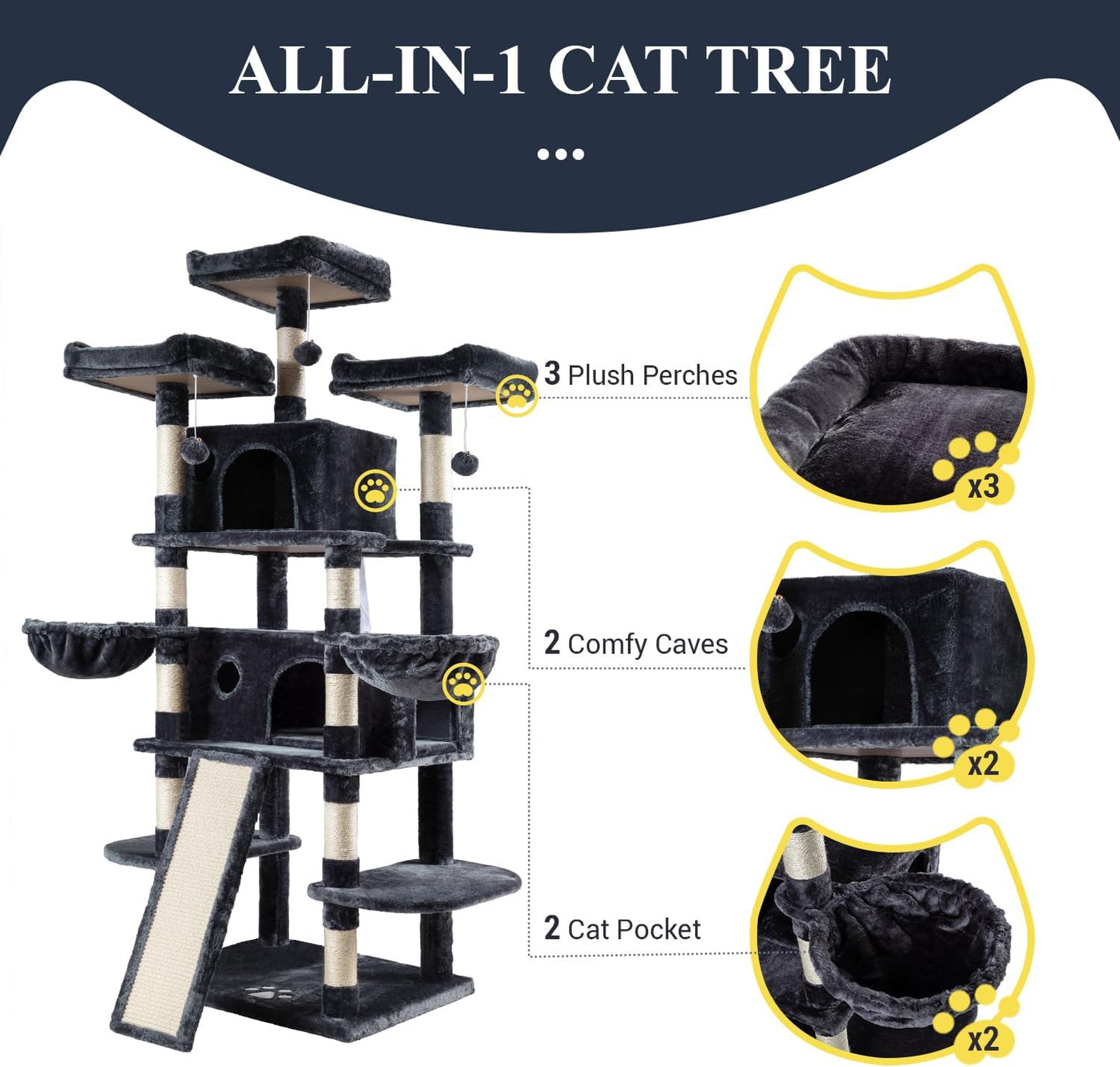 Allewie 68 Inches Cat Tree/House and Towers for Big Feline/Scratching Post/Multi-Level Large Kitty Climbing Tree with Condo/Smokey Grey