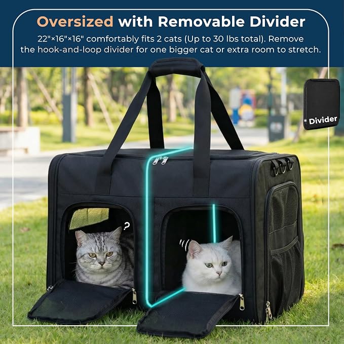 Extra Large 3-in-1 Cat Carrier for 2 Cats, with Removable Divider, Superior Ventilation, Portable Soft Sided Double Cat Carrier Large, Hair Removal Glove, 2*Bowl, Extra Side Storage Bag Included