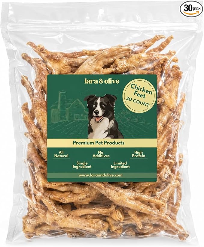 Lara & Olive Chicken Feet Dog Treats, All Natural Dehydrated Single Ingredient Chews, High Protein, 30 Count