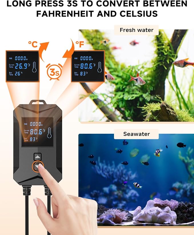 AQQA Aquarium Heater,64-95°F Fast Heating Double Quartz Glass Tube Fish Tank Heater,High-definition LCD Controller Displays Real-time Power,Anti-dry and Over-temperature Protection (1400W 260-380 Gal)