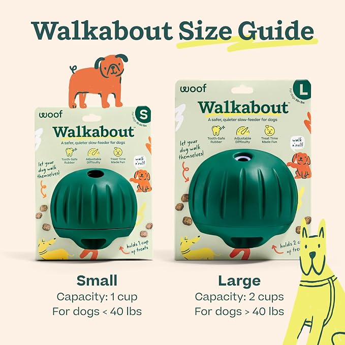 WOOF Walkabout - Enrichment Dog Toys Puzzle and Treat Dispenser - Adjustable Difficulty for Kibble and Treats - Durable Rubber - Easy to Clean - Large