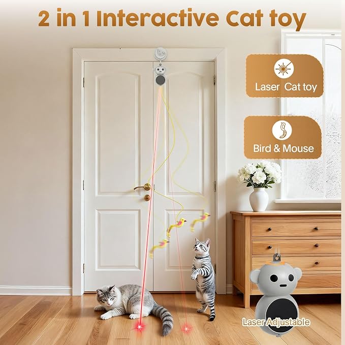 Interactive Cat Toys for Indoor Cats: 2-in-1 Laser Pointer Cat Toy with Automatic Flying Bird & Mouse Wand, Adjustable Speed USB Rechargeable Doorway Hanging Toy for Bored Kittens and Adult Cats