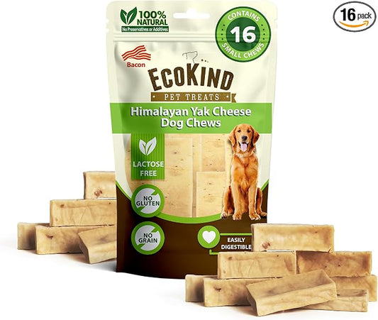 EcoKind Yak Cheese Himalayan Dog Chews, Yak Chews for Small Dogs, Long Lasting Bone for Aggressive Chewers, Only 4 Ingredients, Natural High Protein Dog Treats, No Additives, Bacon, Small - 16 Chews