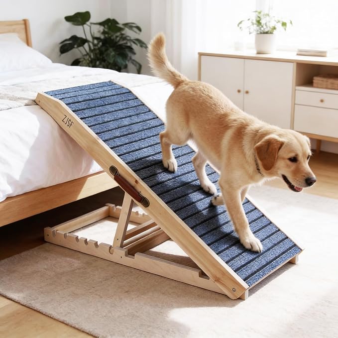 ZJSF Foldable Wooden Dog Ramp for High Bed, Dog Stairs for Small Dogs, High Traction Platform with 5 Adjustable Heights (13"-23.5"), 40", Supports up to 150 lbs