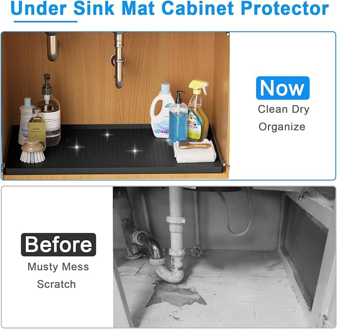 Under Sink Mat - 31" x 22" Waterproof Kitchen Cabinet Mat - Flexible Silicone Under Sink Liner - Kitchen Bathroom Cabinet Mat and Protector for Drips Leaks Spills (Black)