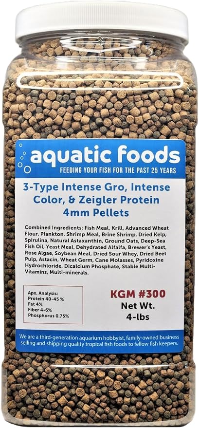 3-Type Blend of 4mm Floating Intense Growth & Intense Color Enhancing & Zeigler 40% Protein Pellets for All Tropicals & Pond Fish KGM-300…4-lb Lg Jar
