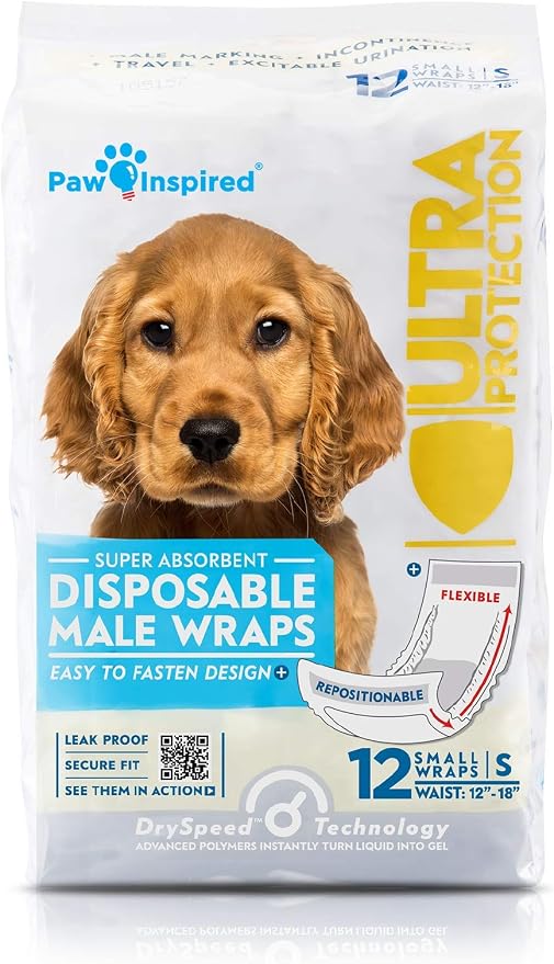 Paw Inspired Disposable Male Dog Wraps, Belly Band for Dogs | Disposable Dog Diapers | Belly Bands for Male Dogs (144 Count, Small)