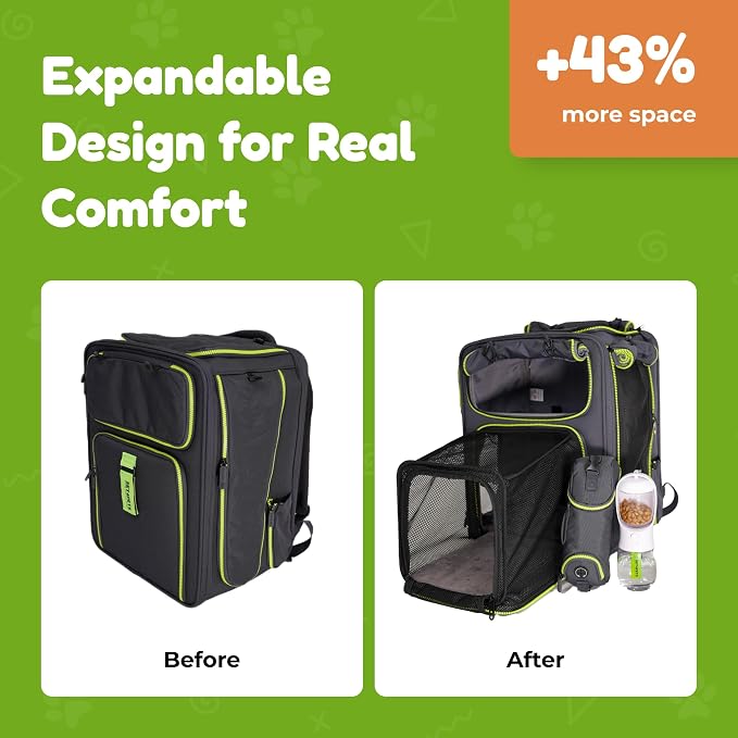 Premium Expandable Cat Carrier Backpack with Car Seat Belt Safety System – Rigid Frame Pet Carrier Backpack for Cats & Small Dogs up to 25 lbs – Breathable, Durable – Includes Bottle & Feeding Bowl