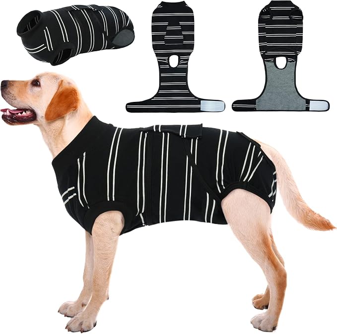 Kuoser Dog Surgery Recovery Suit, Soft Breathable Dog Recovery Suit for Female Spay Male Nueuter, Anti Licking Puppy Onesie Pet Surgical Suit for Dogs Abdominal Wounds Skin Disease, Black Strips 2XL