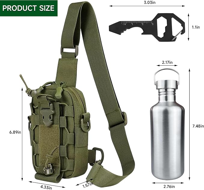 17oz Stainless Steel Water Bottle with Crossbody Sling Bag Fits Phone & Bottle Opener Multi Tool– EDC Gear for Travel, Hiking & Daily Use